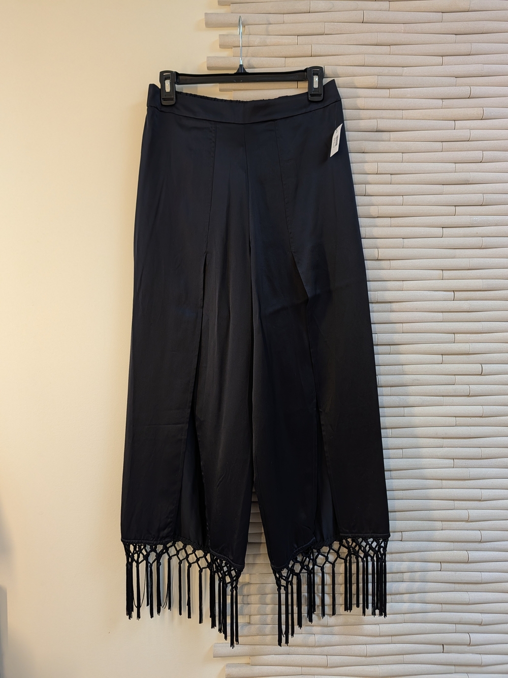 CamiNYC Silk Black Fringe Hem Wide-Leg Pants